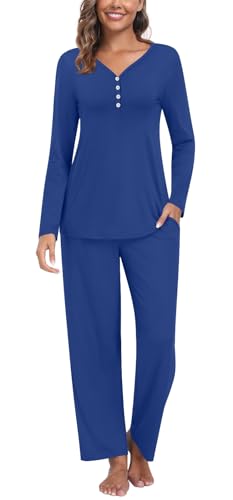 Findsweet Damen Pyjama Sets 2-teilige Lounge Nachtwäsche Langarm Button-Down Pjs Top Bequeme Pjs Hose mit Taschen XL, Blau von Findsweet