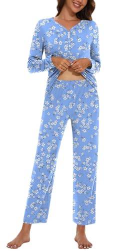 Findsweet Damen Pyjama Sets 2-teilige Lounge Nachtwäsche Langarm Button-Down Pjs Top Bequeme Pjs Hose mit Taschen XL, Blau-weiße Blume von Findsweet