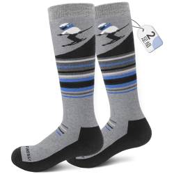 Findway 2 Paar Merinowolle Skisocken Kinder, Winter Snowboarding Atmungsaktive Thermosocken mit Über die Wade Design/Anti-Rutsch-Bündchen für Mädchen/Jungen für Outdoor-Sportarten von Findway