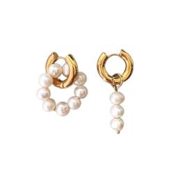Boucles d'oreilles pendantes en perles d'eau douce naturelles - Boucles d'oreilles double cercle - Boucles d'oreilles inhabituelles - Bijoux à tige (couleur : 01) (3 b) von Finoti