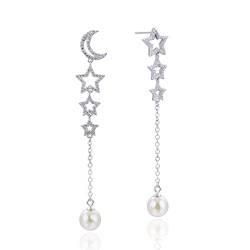 Sterlingsilber-Ohrringe für Damen, funkelnde, bezaubernde Tropfen-Ohrringe aus Silber, kreativer einfacher Stern-Mond-Perlen-Anhänger, Zirkon-Ohrringe, ethnischer Schmuck für Frauen und Mädchen von Finoti