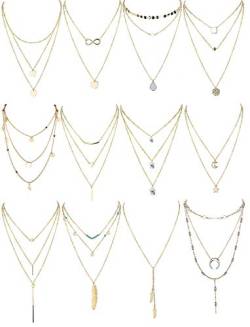 Finrezio 12 Stück Gold Ton Geschichteten Halskette Für Frauen Mädchen Sexy Lange Choker Kette y Halskette Bar Feder Pendent Halskette Sets von Finrezio