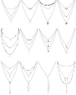 Finrezio 12 Stück Silber Ton Geschichteten Halskette Für Frauen Mädchen Sexy Lange Choker Kette y Halskette Bar Feder Pendent Halskette Sets von Finrezio