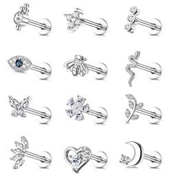 Finrezio 12Pcs 16G Knorpel Tragus Ohrringe für Damen Ohrstecker Set Helix Ohrringe Piercing Ohr Piercing Labret Nasenring Evil Eye Schmetterling Mond Ohrringe Set Piercing Schmuck von Finrezio