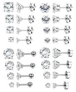 Finrezio 16 Paar Edelstahl Silber Ohrstecker Set für Damen Herren Tragus Ohr Piercing Ohrringe Klein Knorpel Zirkonia Ohrstecker Helix Flache Rückseite Ohrringe Hypoallergen von Finrezio