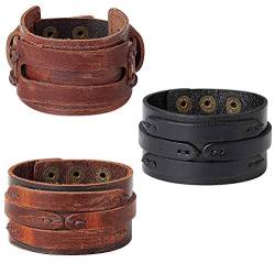 Finrezio 3 Stück Leder Armbänd Breite Punk Rock für Herren Männer Frauen Gürtel Armreif Braun Schwarz Armband von Finrezio