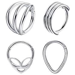 Finrezio 4 Stücke 16G Hinged Nose Septum Helix Earrings für Damen Nasenring Clicker Knorpel Death Ohrringe Helix Ohrringe Tragus Ring Nose Ring Tragus Daith Earrings Piercing Jewelry von Finrezio