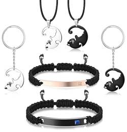 Finrezio 6 Stück Paar Halskette Armbänder Schlüsselbund Passendes Set für Damen Herren Katze Anhänger Halskette Paar Kette Armband Liebhaber Paar Geschenk von Finrezio