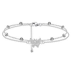 Finrezio 925 Sterling Silver Layered Ankle Bracelet for Women Butterfly Heart Beaded Chain Anklet Adjustable Double Layer Beach Foot Jewelry Summer Anklet von Finrezio