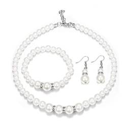 Finrezio Weiße Perlen Halskette Armband Ohrringe Schmuck-Sets für Damen Frauen ModeSchmuck Hochzeit Party Schmuck Geschenke von Finrezio