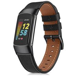 Fintie Armbänder kompatibel mit Fitbit Charge 6/5, echtes Lederband, Ersatzband, Zubehör Armband, Schwarz von Fintie