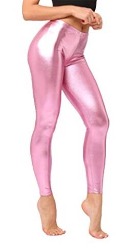 Fioeyr Damen 80er Jahre Retro Metallic Glänzend Wetlook Leggings Erwachsene Disco Kostüm Damen Outfit Hose, Y-pink, One size von Fioeyr