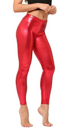 Fioeyr Damen 80er Jahre Retro Metallic Glänzend Wetlook Leggings Erwachsene Disco Kostüm Damen Outfit Hose, Y-rot, One size von Fioeyr