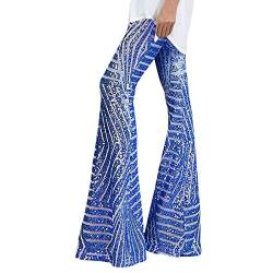 Firally Damen Baggy Frauen Pailletten Hose mit weitem Bein Mode Shiny Hight Taille Ausgestellte Hose Disco Dance Lange Hosen Party Streetwear New Kleidung Damen Hose (Blue, XL) von Firally