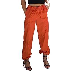 Hosen Damen Sommerhose Damen Cargohose mit Taschen, Hose, Straße, Hip-Hop, Jogginghose, Freizeithose, verstellbar Hose Mit Gummizug Damen Senioren (Orange, M) von Firally