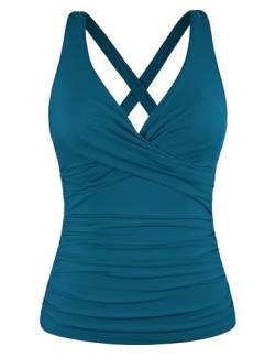 Firpearl Damen-Tankini-Top, Bügel-Tankini, nur gedrehter V-Ausschnitt, Badeanzüge für große Brust, gerüscht, Bauchkontrolle, Badeanzüge Top, Blau / Koralle, 42 von Firpearl