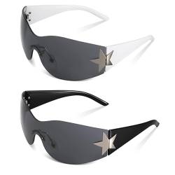 Firtink 2 Stück randlose Y2K Sonnenbrille, randlose Schild-Wickel-Sonnenbrille, übergroße modische rahmenlose Sonnenbrille für Damen und Herren, Schwarz von Firtink