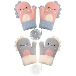 Firtink Baby Kinder Winter Handschuhe Unisex Baby Fäustlinge Cartoon Fausthandschuh Fäustlinge auf Schnur Warme Gestrickte Fäustlinge für Baby Mädchen Jungen(3-4Y Grau und Rosa) von Firtink