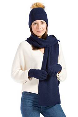 Fishers Finery Damen 3-teiliges Set aus 100 % Kaschmir, Beanie-Mütze, Handschuh und Schal, mit Geschenkbox, Marineblau, Eine Größe passt meistens von Fishers Finery