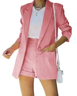 Damen-Blazer mit offenem Vorderteil, langärmelig, Blazer und einfarbige kurze Hose, Anzug-Sets, rose, Klein von Fisoew