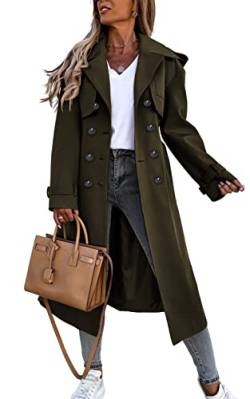 Damen Zweireihiger Langer Trenchcoat Winddichter Klassischer Revers Gürtel Übermantel mit Taschen, Grün , XX-Large von Fisoew