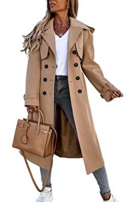 Damen Zweireihiger Langer Trenchcoat Winddichter Klassischer Revers Gürtel Übermantel mit Taschen, khaki, Large von Fisoew