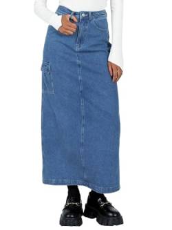 Fisoew Damen Denim Maxiröcke Rückenschlitz A Linie Sommer Lang Cargo Jeans Rock mit Taschen, Blau, Groß von Fisoew