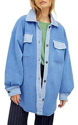 Fisoew Damen Oversize Langarm Button Down Shirt Jacke Weich Bequem Freizeitjacke Mäntel mit Taschen, Blau, XL von Fisoew