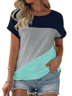 Fisoew Damen T-Shirt Rundhals Farbblock Kurzarm Shirt Casual Oberteil Sommer locker Tops (Blau, XXL) von Fisoew