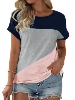 Fisoew Damen T-Shirt Rundhals Farbblock Kurzarm Shirt Casual Oberteil Sommer locker Tops (Rosa, L) von Fisoew