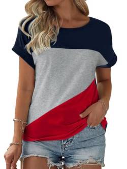 Fisoew Damen T-Shirt Rundhals Farbblock Kurzarm Shirt Casual Oberteil Sommer locker Tops (Rot, L) von Fisoew