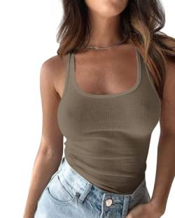 Fisoew Damen Tops Sexy Ärmellos Unterhemd U-Ausschnitt Tank Top Gerippt Camisole Sommer Oberteile (1-Khaki, L) von Fisoew