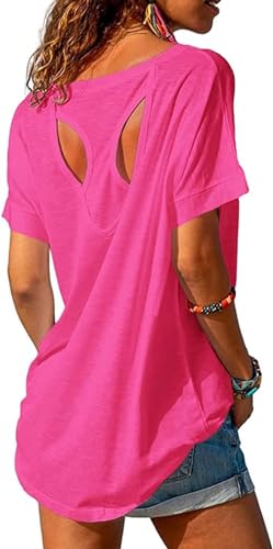 Fisoew Sportshirt Damen Fitness Kurzarm Oversized Yoga T-Shirt Leicht Gym Sport Oberteile(Rosa, XL) von Fisoew