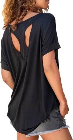 Fisoew Sportshirt Damen Fitness Kurzarm Oversized Yoga T-Shirt Leicht Gym Sport Oberteile(Schwarz, M) von Fisoew