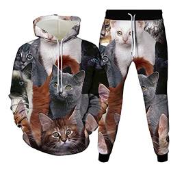 Niedliche Cartoon-Tier-Katze, 3D-Druck-Outfit, Hoodies + Hose, 2 Stück, lässiger Trainingsanzug für Herren, Übergröße, Wie abgebildet12, L von FitKenn