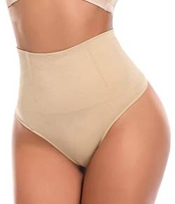 FitValen Bauchweg String Damen Miederslip Shaping Tanga Stark Formende Shapewear Figurformende Miederhose G-Tanga Unterwäsche Taillenformer Body Shaper Hohe Taille Unterhose Slip Beige L von FitValen