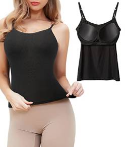 FitValen Spaghettiträger Unterhemd Damen Spaghetti Tops mit Integriertem BH Ohne Bügel Shaping Hemd Basic Verstellbare Trägertop Formende Unterhemden Bügelloser BH Tank Top Schwarz XL von FitValen