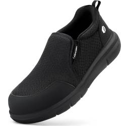 FitVille Sicherheitsschuhe Herren Extra Weit Arbeitsschuhe Leicht Sportlich Slip On Stahlkappenschuhe Anti-Piercing Schutzschuhe rutschfeste Atmungsaktiv,Schwarz,41 EU,Weit von FitVille