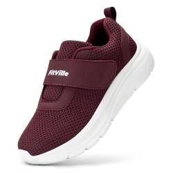 FitVille breite Turnschuhe Schlupf Damen Sneaker mit Klettverschluss Stoff orthopaedisch Hausschuhe mit Dicker Sohle Burgunderrot 42.5 EU Weit von FitVille