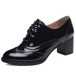 FitWee Vintage Spring Schuhe Low Top Block Mid Heels Damen Brogues Wingtip Oxford Schuhe Schnüren Mädchen Schule Schuhe Lack Black Gr 38 Asian von FitWee