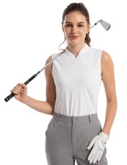 FitsT4 Sports Damen Golf Shirt Sport T-Shirt Ärmelloses Atmungsaktiv Tennis Shirt Oberteile Workout Tank Tops mit Reißverschluss,Weiß,L von FitsT4 Sports