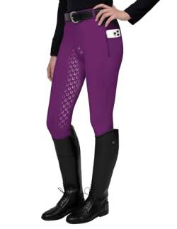 FitsT4 Sports Damen Reitleggings Silikon Vollbesatz Reithose mit Handytasche und Gürtelschlau,Lila,L von FitsT4 Sports