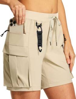 FitsT4 Sports Damen Wandershorts Leichte khhnelltrocknend Outdoor Cargo Shorts Sommer Kurze Hose mit Multi Taschen für Trekking Reisen Golf Camping Sport,Khaki,L von FitsT4 Sports