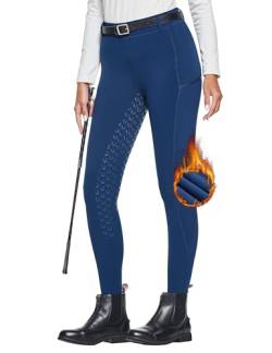 FitsT4 Sports Damen Winterreitleggings Fleece-Reithose Silikon Vollbesatz Reithose mit Reißverschluss-Taschen und Gürtelschlaufen,Militärblau,XL von FitsT4 Sports