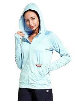 FitsT4 Sports Laufjacke Damen Leichte Sportjacke Langarm Fitness Yoga Trainingsjacke voll Zip Funktionsshirt Schnelltrockend Atmungsaktiv mit Kapuze, Daumenloch und Taschen,Blassblau,M von FitsT4 Sports