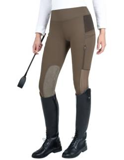 FitsT4 Sports Reithose Reitleggings Damen mit Kniebesatz und Tasche mit Reißverschluss, elastische Jodhpurhose für Reitschule Reitsport,Braun,S von FitsT4 Sports