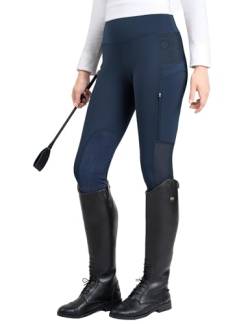 FitsT4 Sports Reithose Reitleggings Damen mit Kniebesatz und Tasche mit Reißverschluss, elastische Jodhpurhose für Reitschule Reitsport,Militärblau,XS von FitsT4 Sports