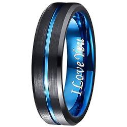 Fivavo 6mm Wolfram Ring für Herren Damen Schwarz Eheringe Verlobungsring mit Blau Rille, Eingraviert mit I Love You, Gebürstetes Finish Abgeschrägte Kanten Größe 61(19.4) von Fivavo