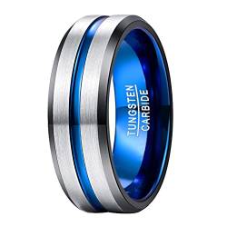 Fivavo 8mm Silber Blau Wolframkarbid Ring für Männer Gerillte Eheringe mit Schwarzen Abgeschrägten Kanten Größe 68.5(21.8) von Fivavo