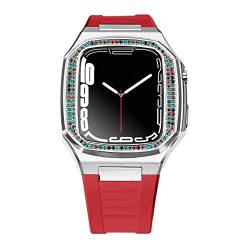 Fivokc Modifikationsset, Metallgehäuse und Gummiband für Apple Watch, 44 mm, 45 mm, luxuriöses Diamant-Edelstahl-Armband für iWatch 7, SE, 6, 5, 4 (Farbe: Rot, Silber 1, Größe: 45 mm für 7) von Fivokc